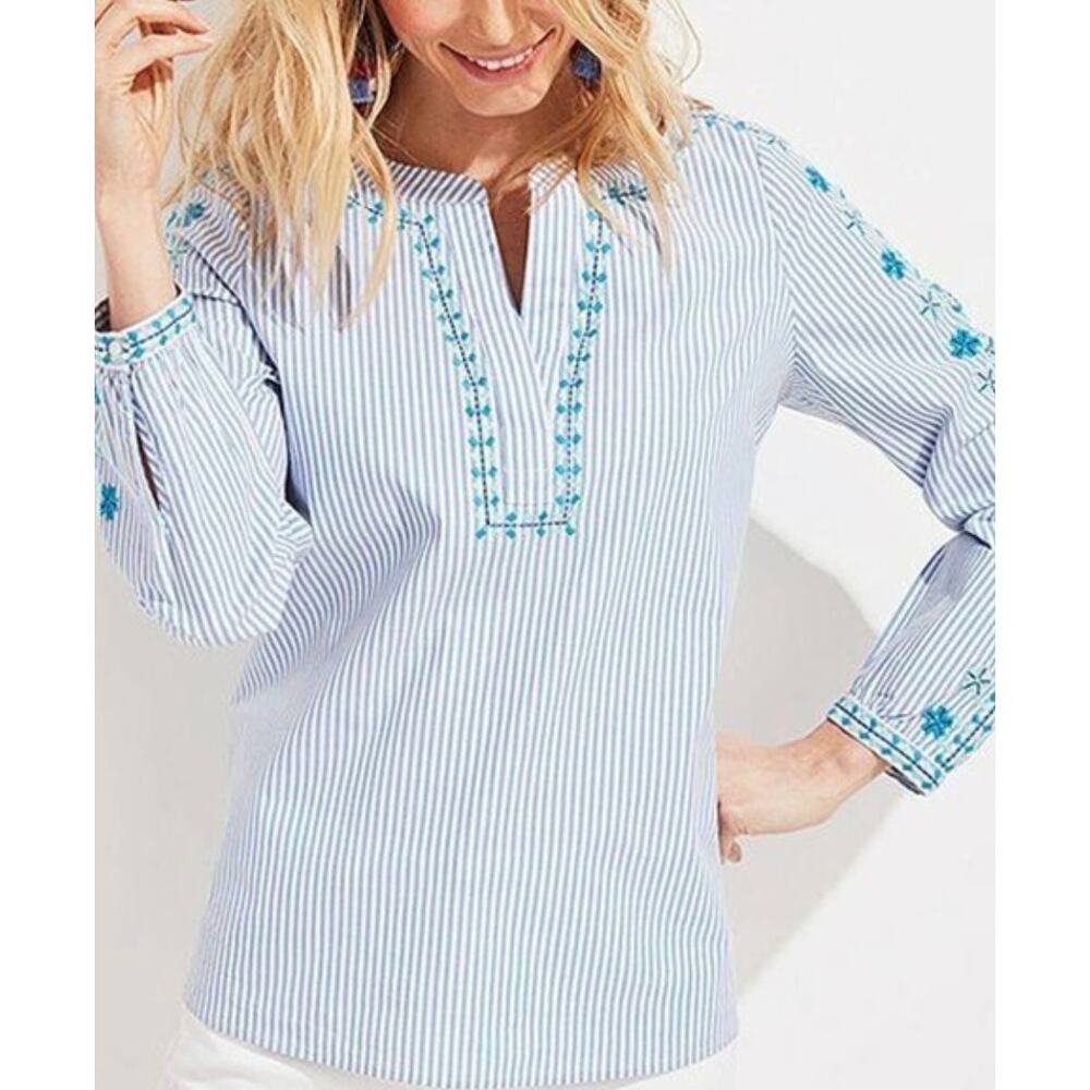 VINEYARD VINES Blue and Green Savannah Embroidered Stripe Popover Blouse Medium